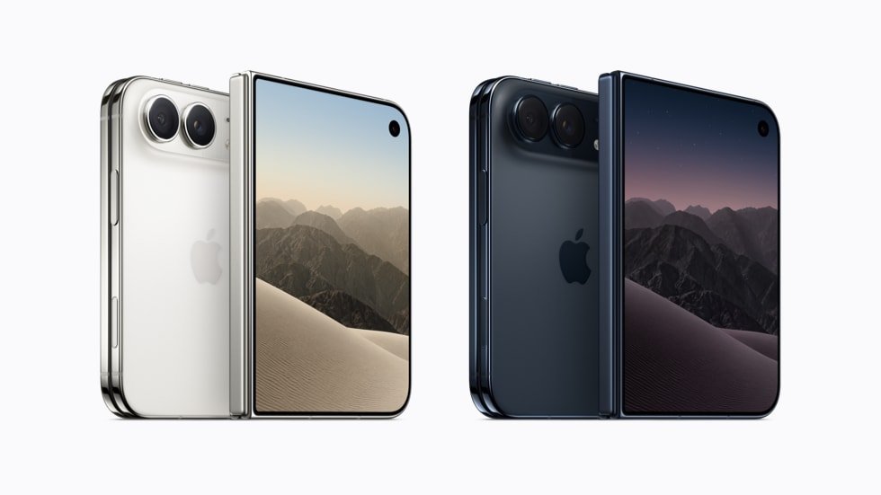 iPhone Duo fechado, do tamanho de um passaporte, ao lado do iPhone 18 Pro Max