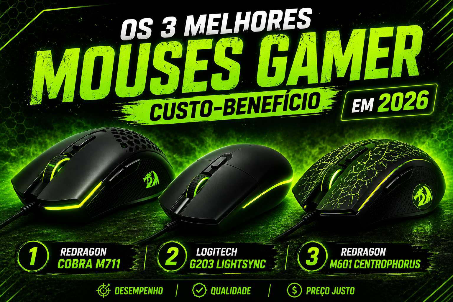 mouse gamer custo-benefício: Redragon Cobra M711, Logitech G203 Lightsync e Redragon M601 Centrophorus
