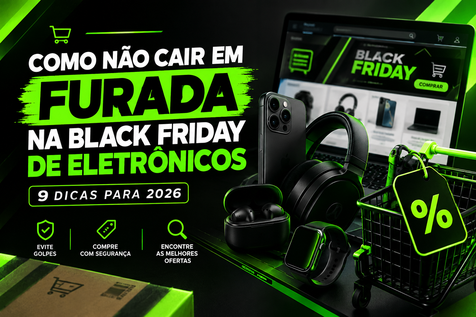 Etiqueta de desconto analisada com lupa ao lado de celular e notebook, capa do guia Black Friday de eletrônicos do Tech Sem Furada