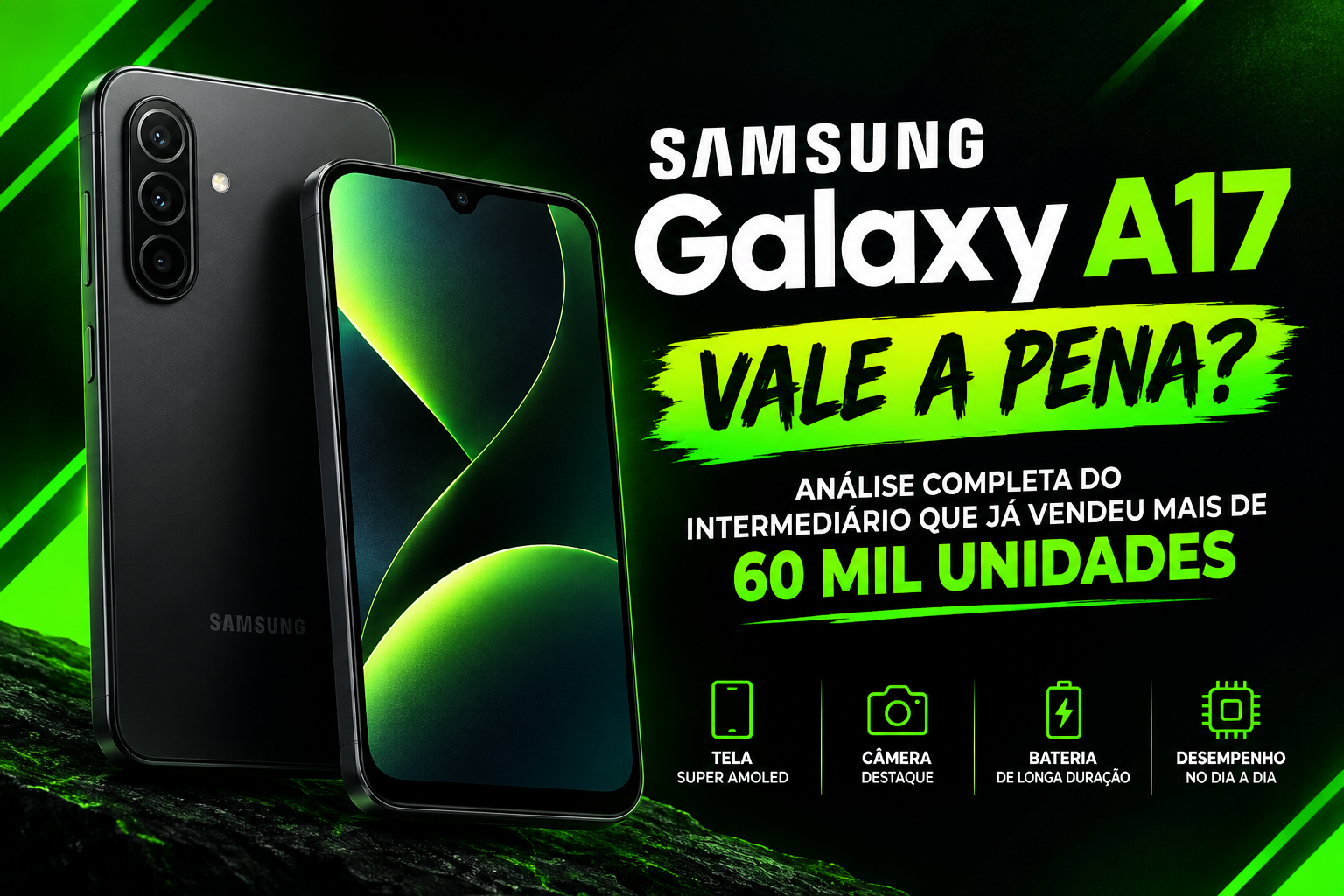 Samsung Galaxy A17 preto, vista frontal e traseira, com câmera tripla e tela Super AMOLED
