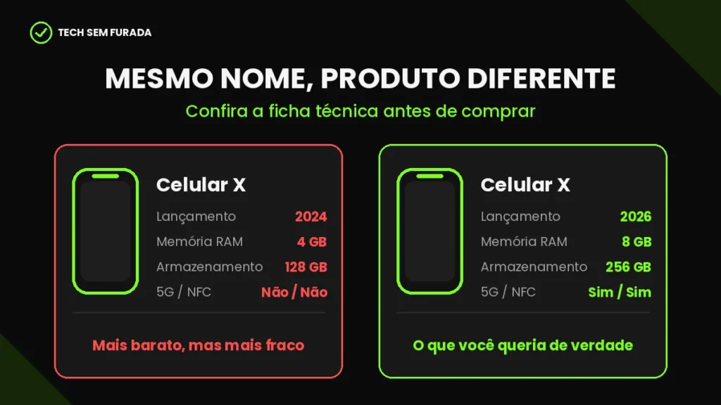 Dois celulares de mesmo nome com fichas técnicas diferentes de ano, memória RAM e armazenamento
